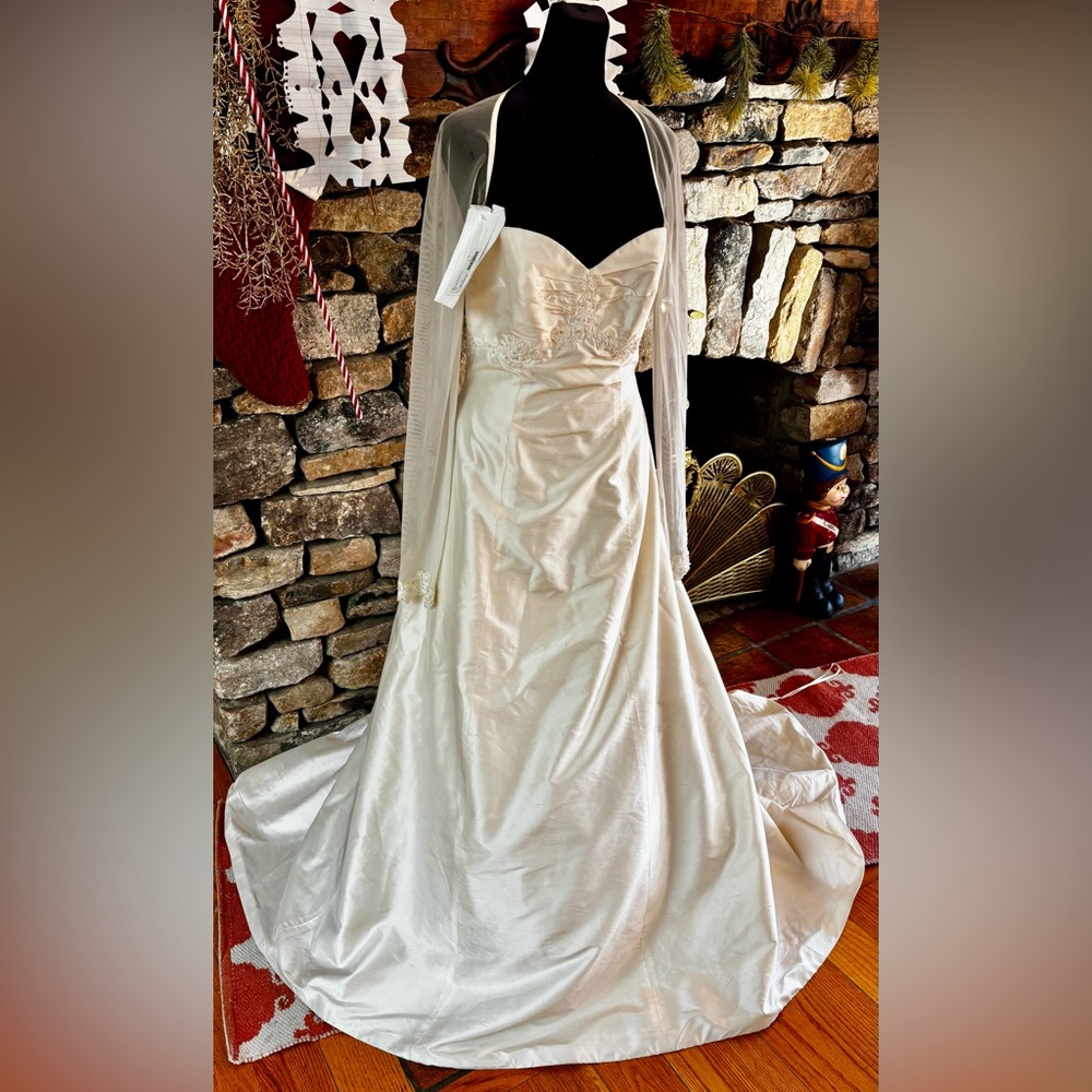 Paloma Blanca Natural Silk wedding dress Ivory, sheer arms 12 NWT